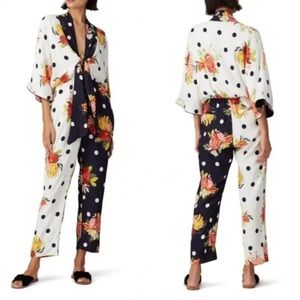 FARM Rio Polka Dot Floral Tie-Front Jumpsuit in White & Navy
